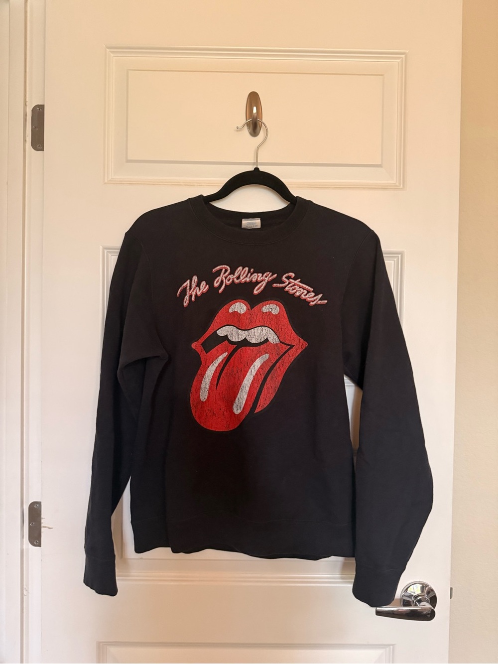 The Rolling Stones Black Crewneck with Red Tongue Graphic